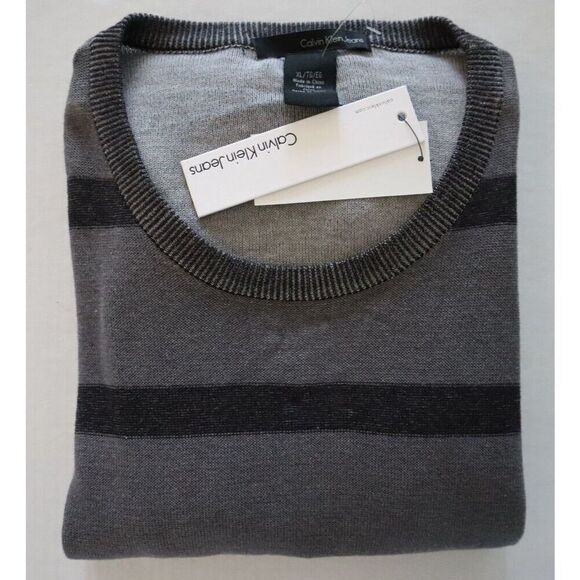 Calvin Klein MG33N07 Men's Sz XL Gray Striped Lightweight Crew Neck L/S Sweater - Picture 3 of 3